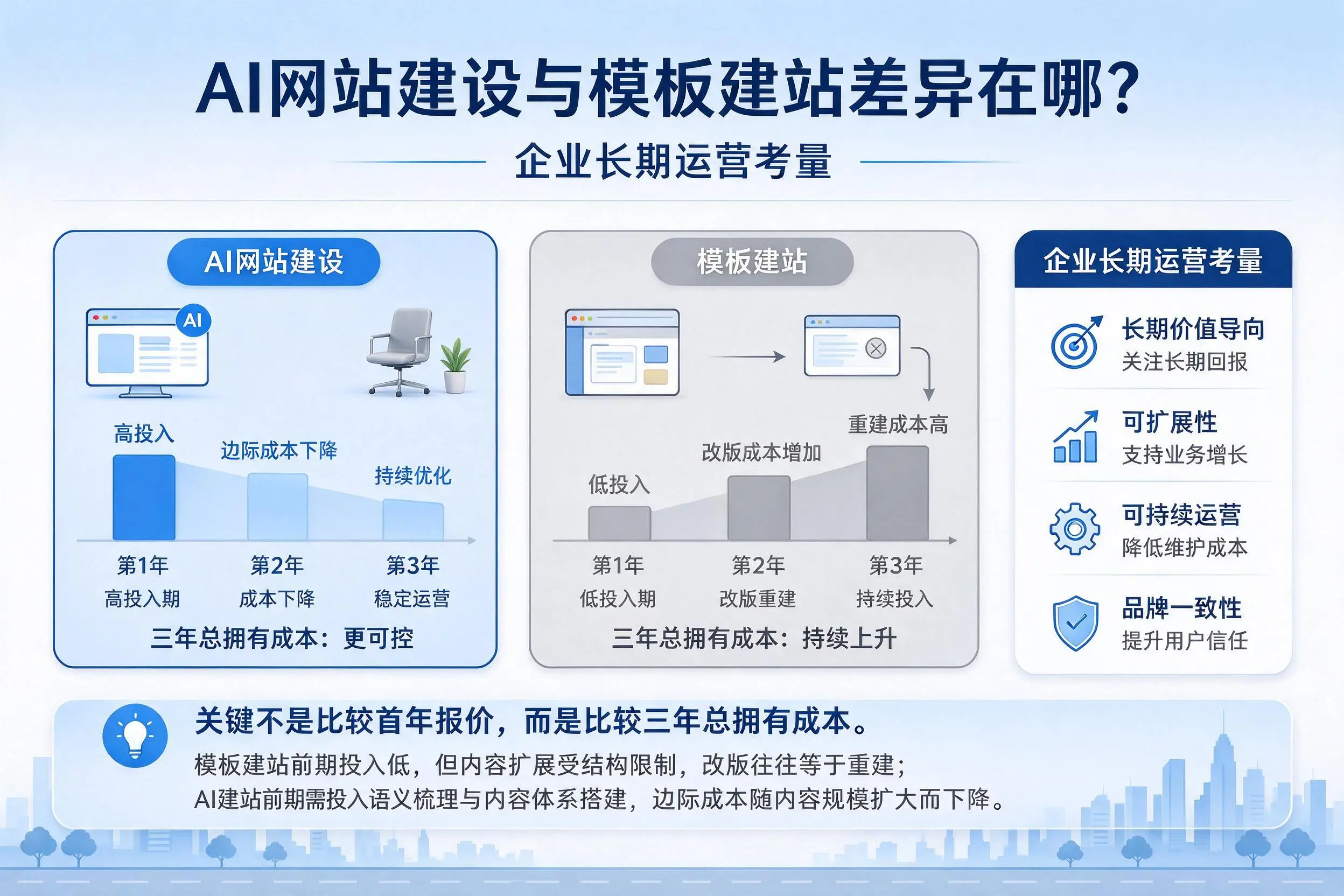 AI网站建设与模板建站差异在哪?忻州企业长期运营考量